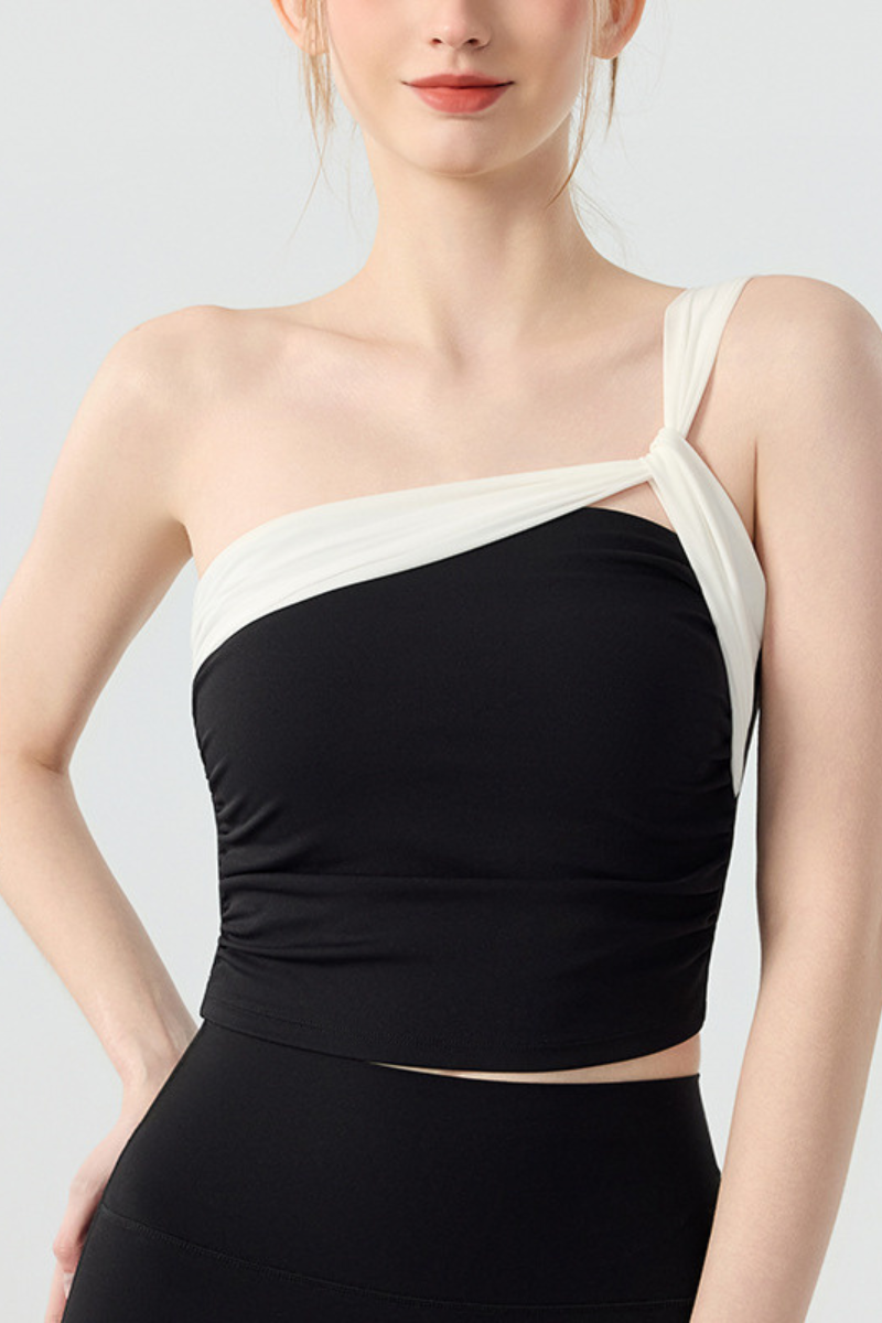 Women's Color Block Twist One-Shoulder Ruched Yoga top