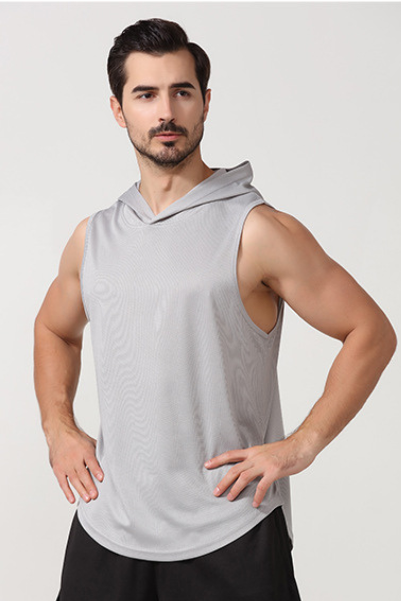 Men's Hooded Curved Hem Mesh Quick Dry Athletic Tank Top