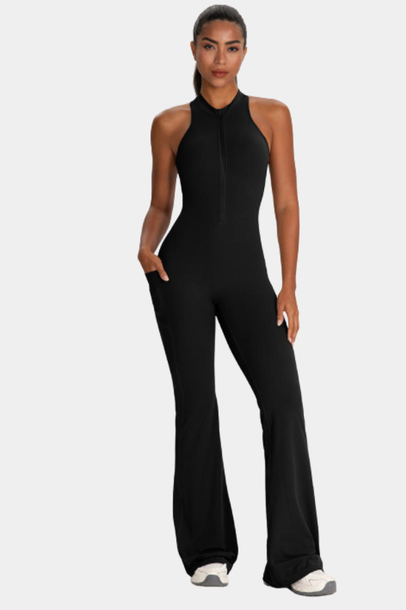 Women's Cut Out Pleated Buttocks Lift Pocket Flared Jumpsuit