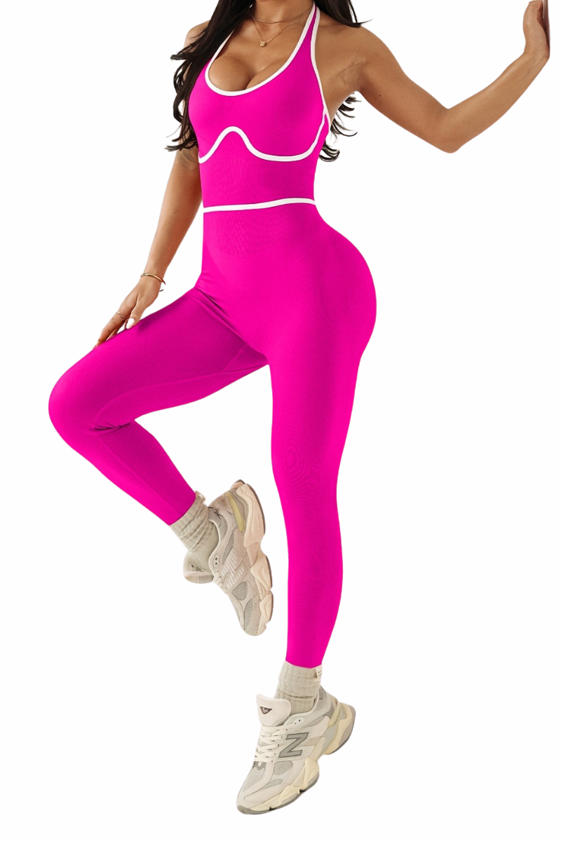 Women's Halter Cutout Back Striped Color-Block Yoga Jumpsuit