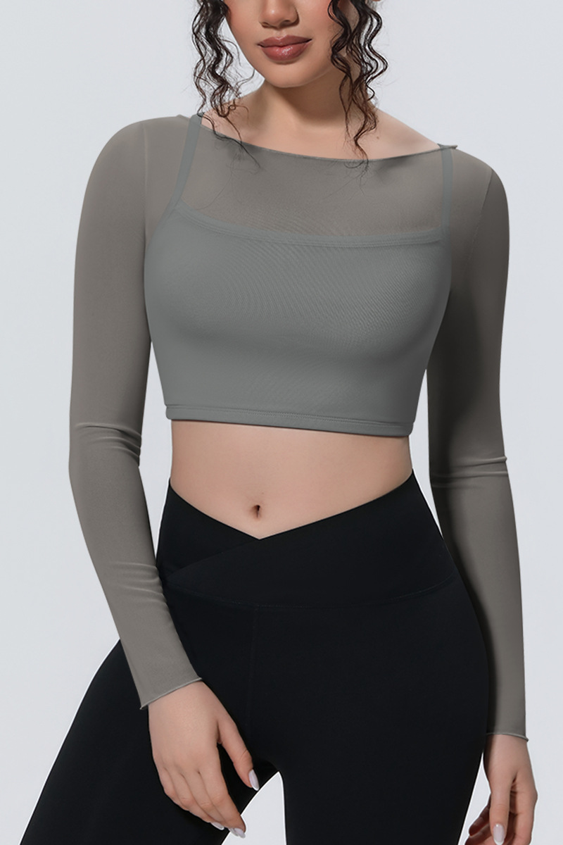 Women's Mesh Stitched Mock Two-Piece Long Sleeve T-shirt