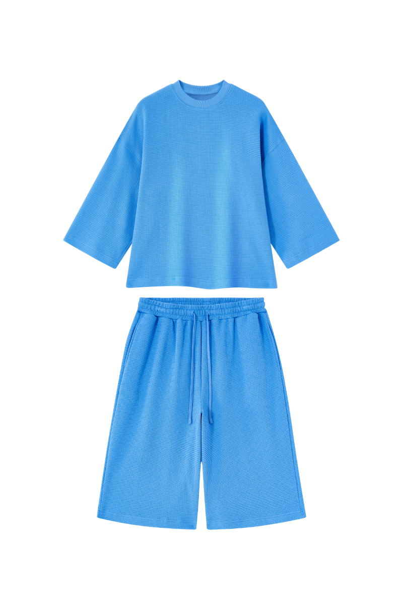 Unisex Waffle Knit Set:Loose Fit T-shirt &Knee Length Shorts