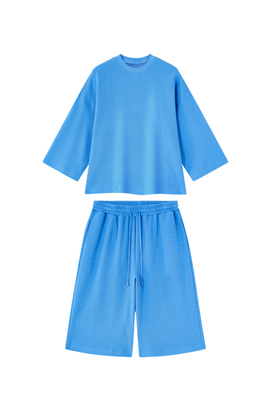 Unisex Waffle Knit Set:Loose Fit T-shirt &Knee Length Shorts