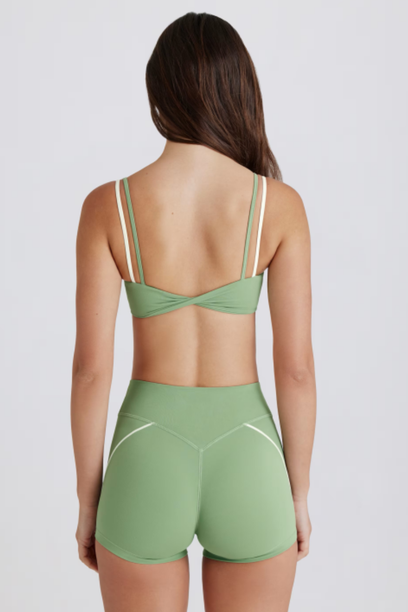 Women's Color Block Twist-Back Bra & V Waist Shorts Set
