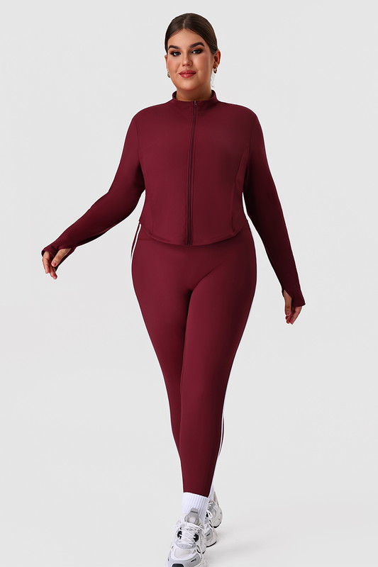 Plus Size Women's Yoga Two-Piece Set: Jacket & Side Color-Block Leggings