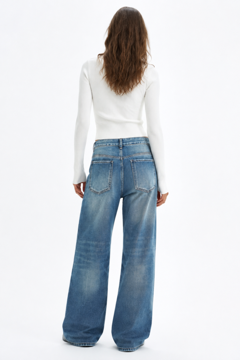 Women's 100% CottonVintage Wash Mid Waist Straight Leg Jeans
