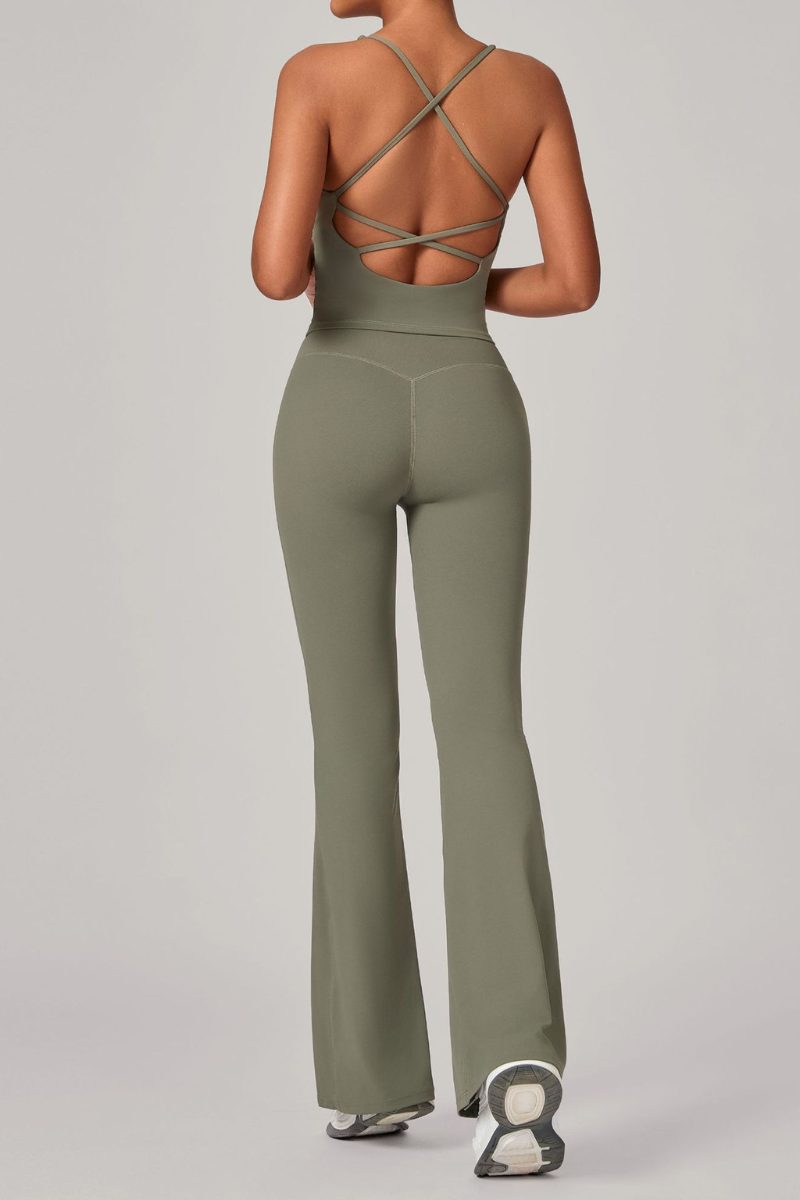 Women's Athletic Set:U-neck Cross Back Tank Top&Flare Pants