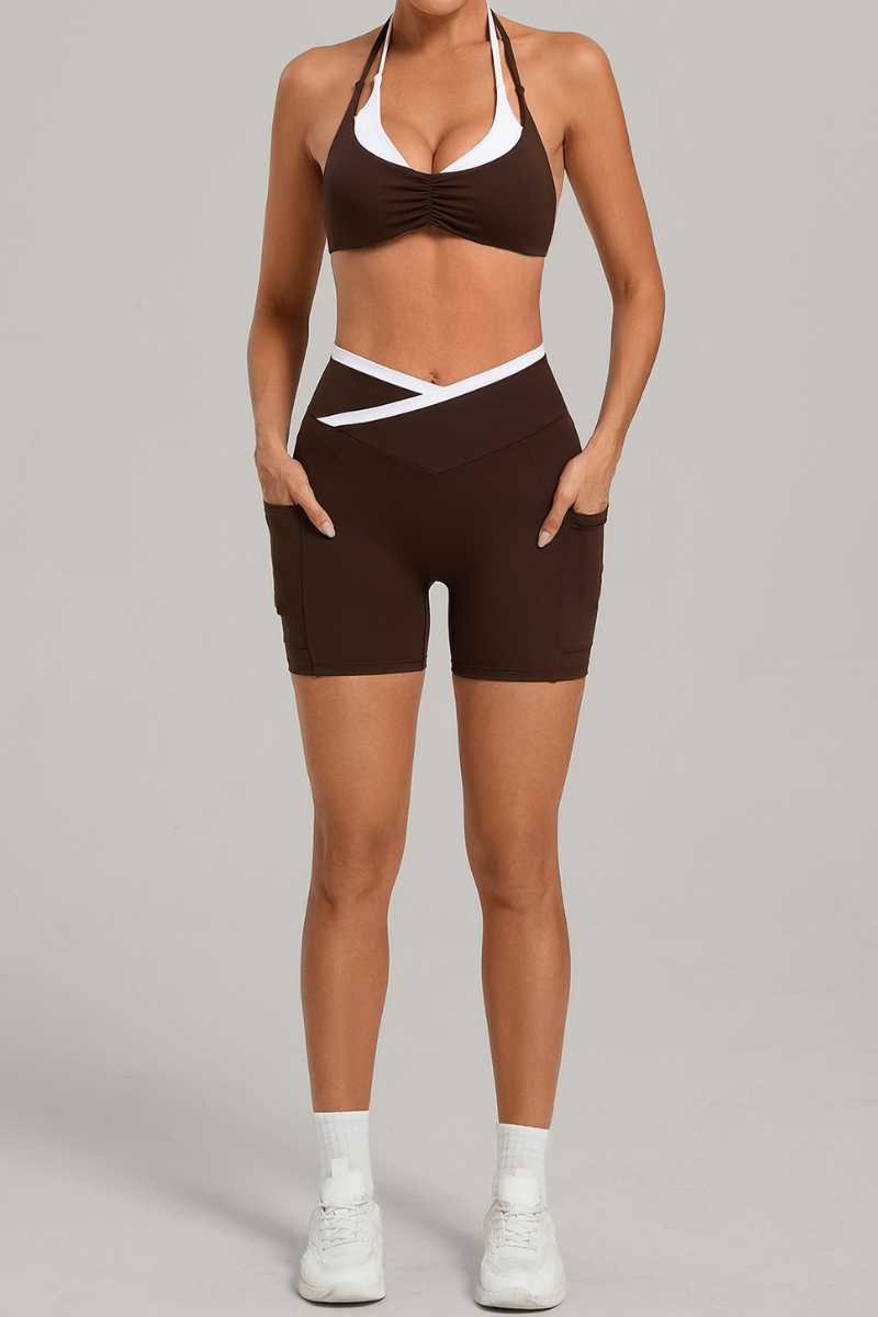 Women's Color Block Set:Halter Bra & V Waist Pocket Shorts
