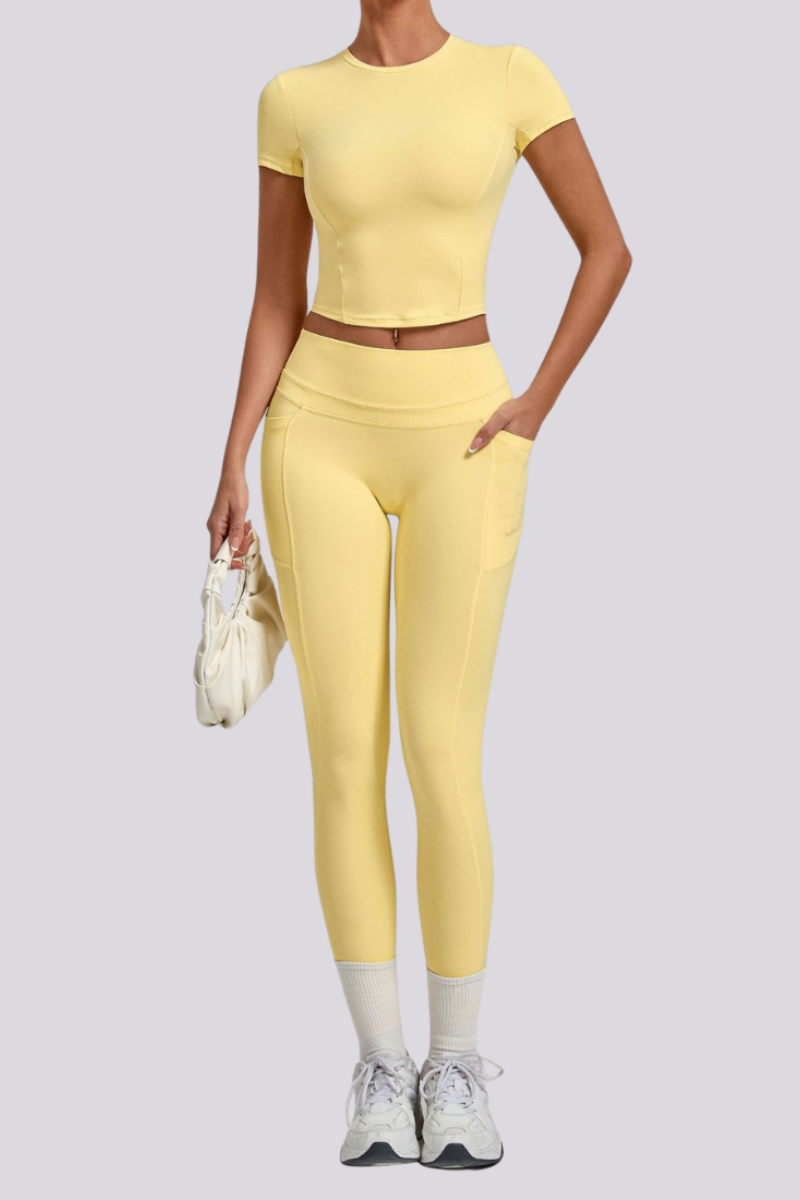 Women's Crew Neck T-shirt Pocket Leggings Yoga 2 Piece Set