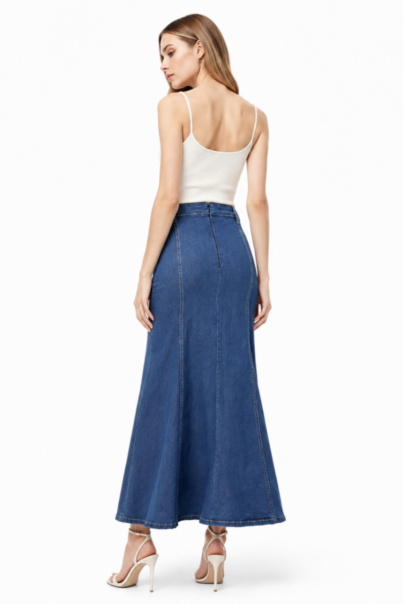 Women's High Waist Vintage Wash Fishtail Long Denim Skirt