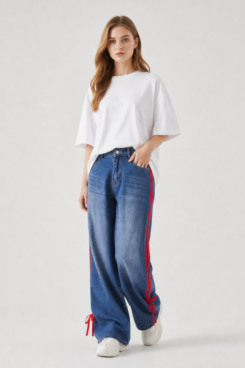 Women's High Waist Wide Leg Jeans with Red Side Stripe