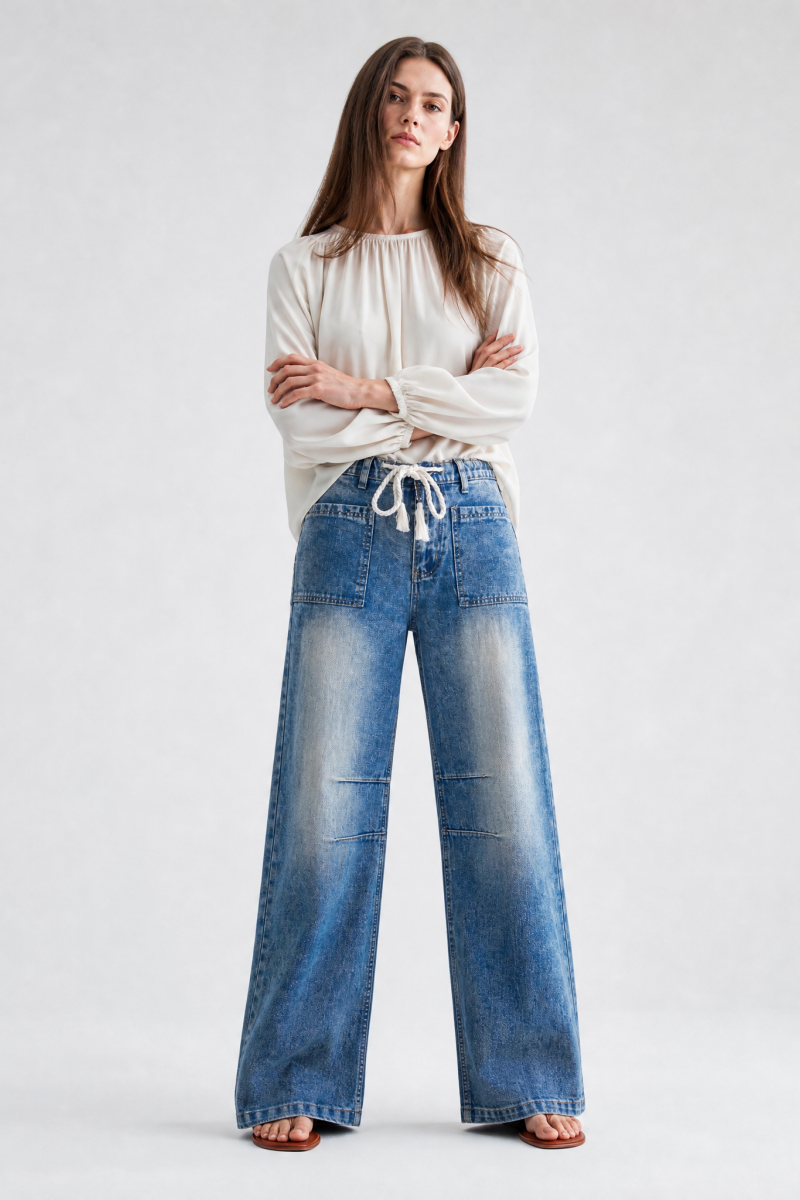 Women's High Waist Drawstring Wide Leg Jeans