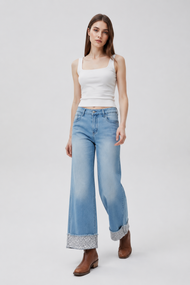 Women's Fall Leopard Print Cuff Relaxed Wide Leg Jeans