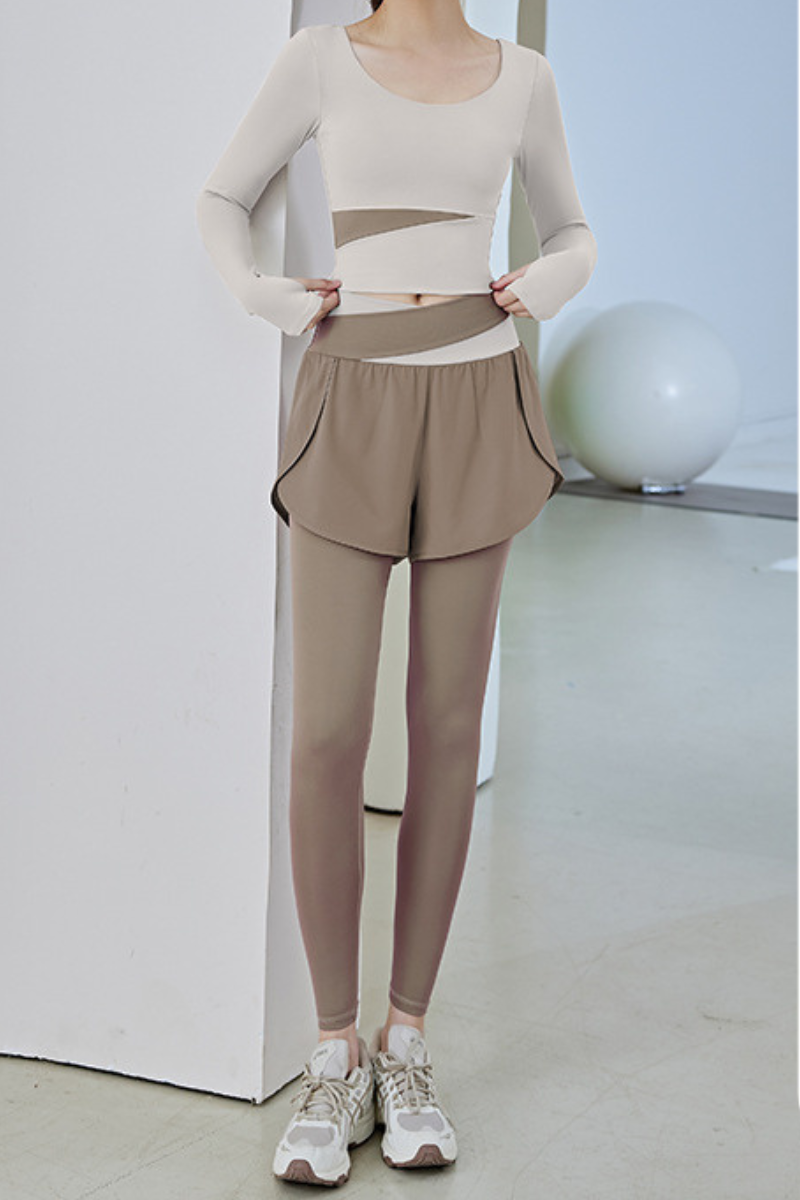 Women's Athletic Sets:Long Sleeve Top& 2-in-1 Shorts Leggings