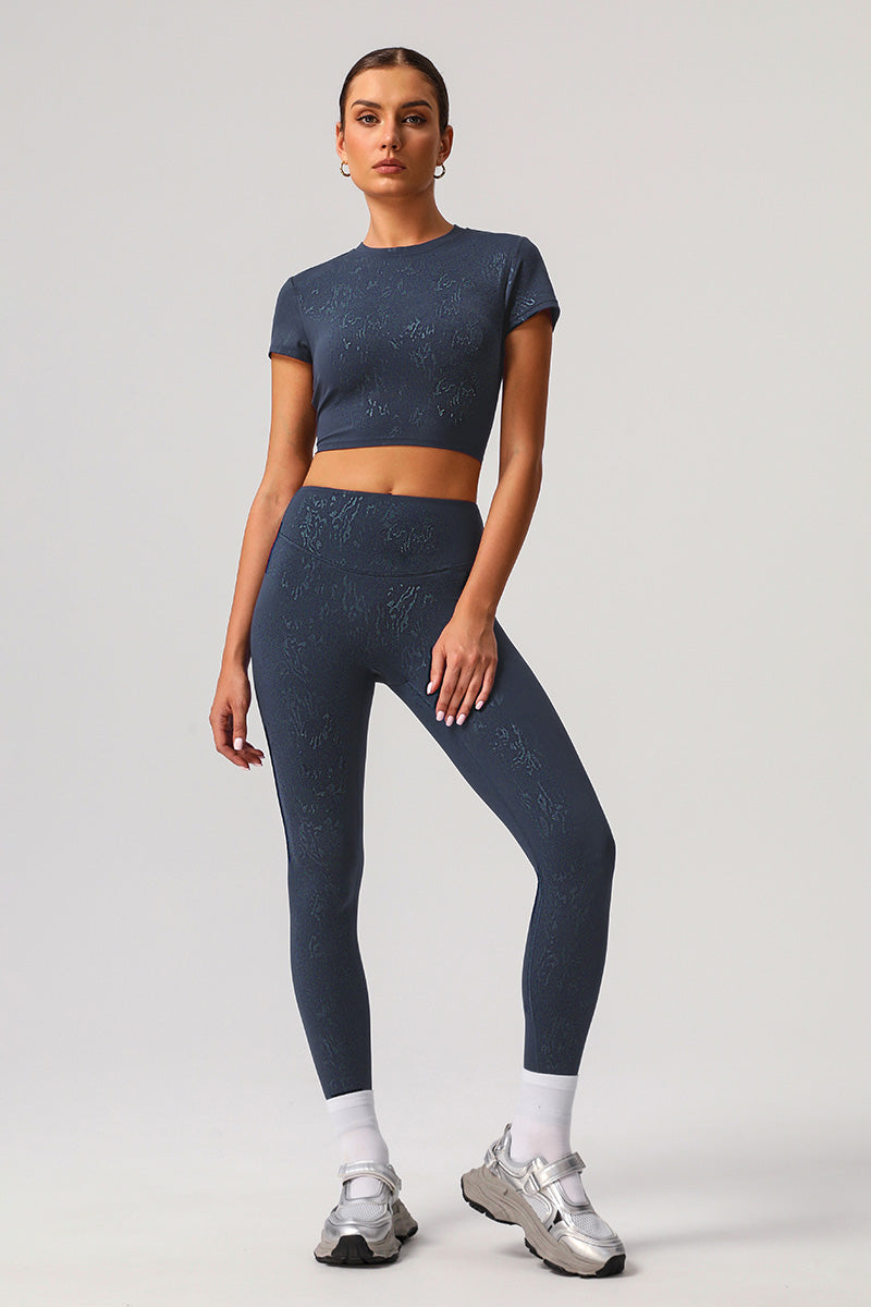 Women Gold Foil Fabric Sports T-Shirts + Yoga Sports Leggings