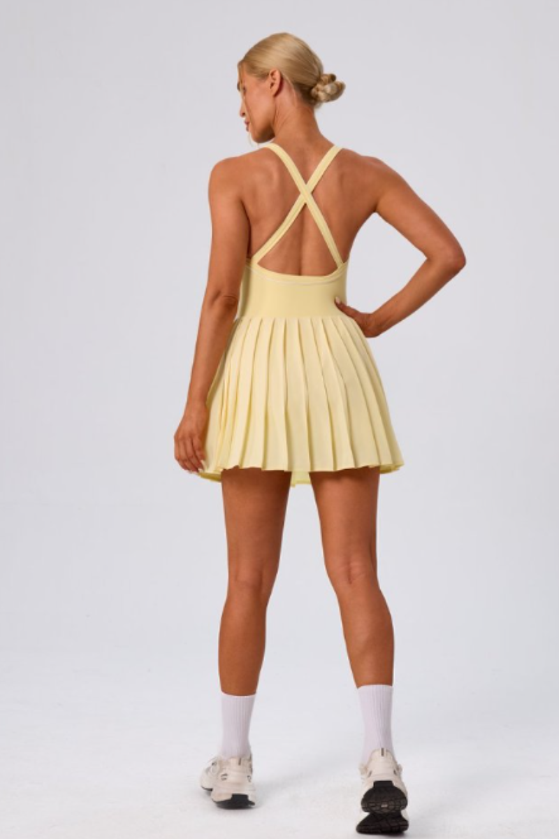 Women's Color Block V-Neck Cross-Back Pleated Tennis Dress