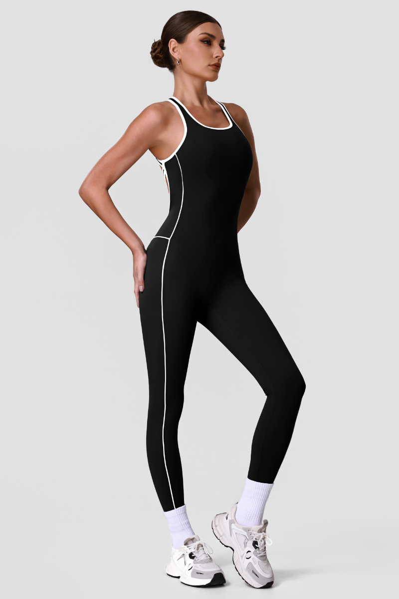 Women's Contrast Piping Crisscross Back Yoga Jumpsuits