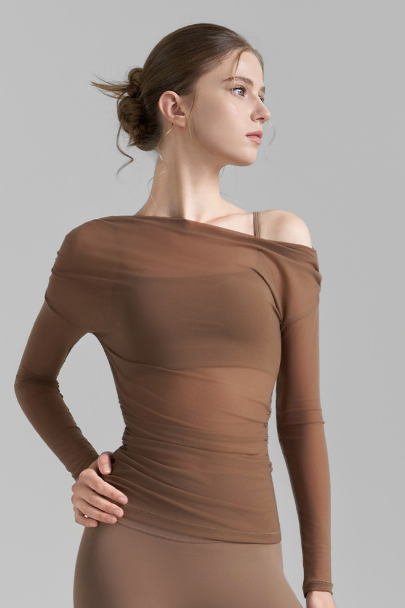 Women's Asymmetric  Shoulder Sheer Mesh Long Sleeve Yoga Top
