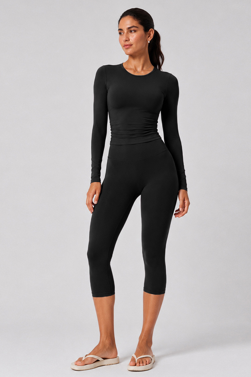 Women's Brushed Crew Neck Long Sleeve T-shirt And Capri Yoga Set
