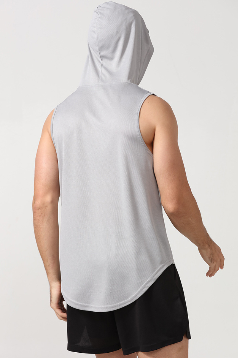 Men's Hooded Curved Hem Mesh Quick Dry Athletic Tank Top