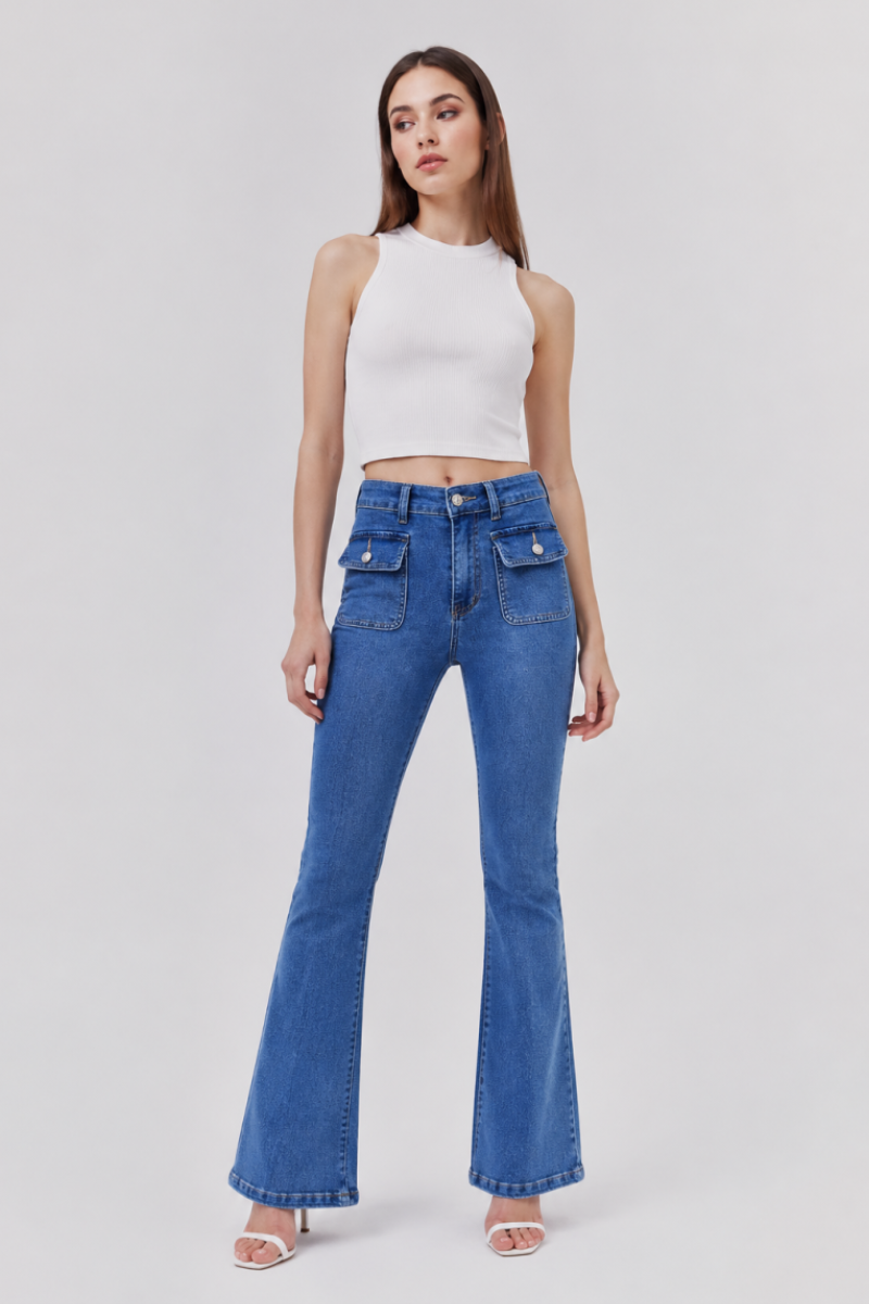 Women's High Waist Flare Jeans with Button Front Pockets