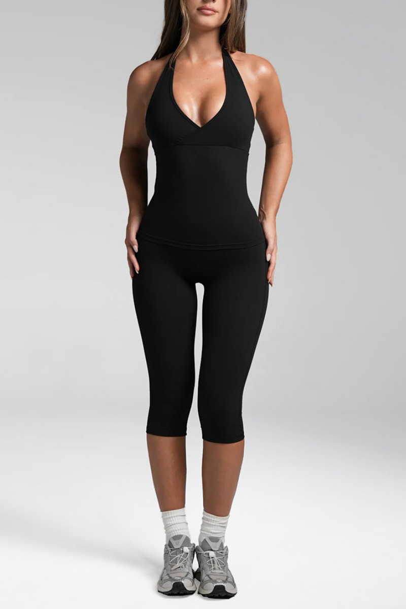 Women's Anthletic Deep V Halter Tank Top And Capri Yoga Set