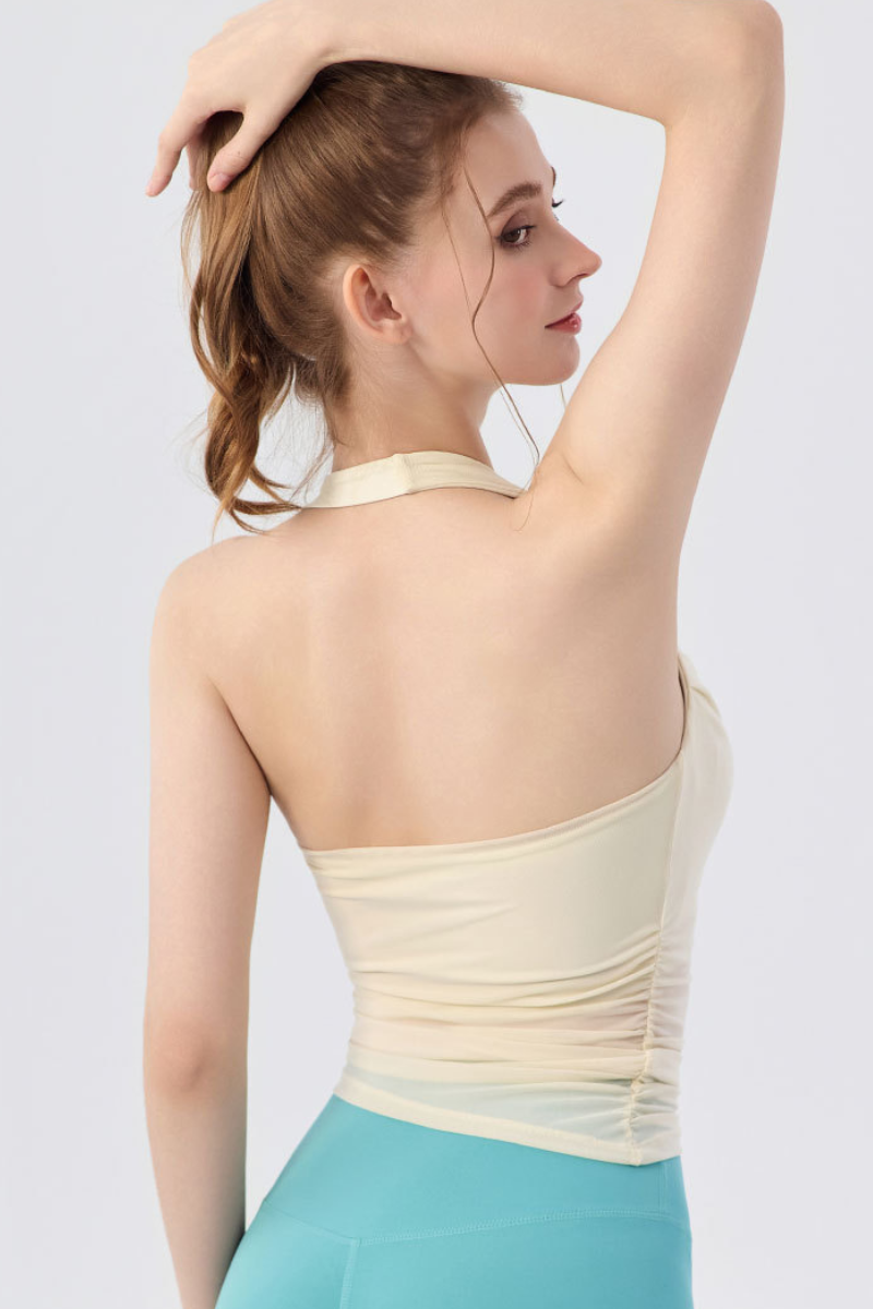 Women's Asymmetric Diagonal Halter Padded Mesh Yoga Tank Top