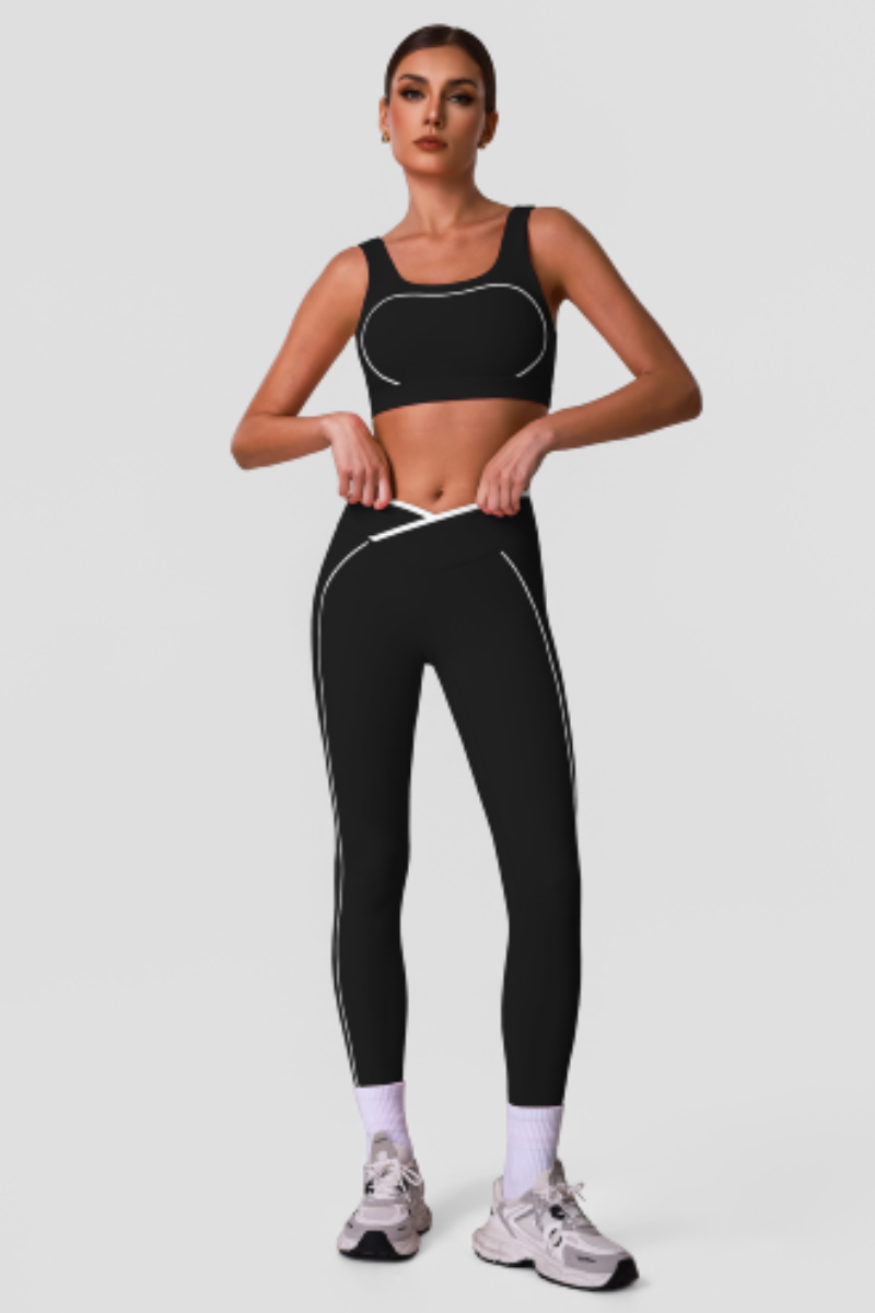 Women's Contrast Line Sports Sets:Bra And V-Waist Leggings