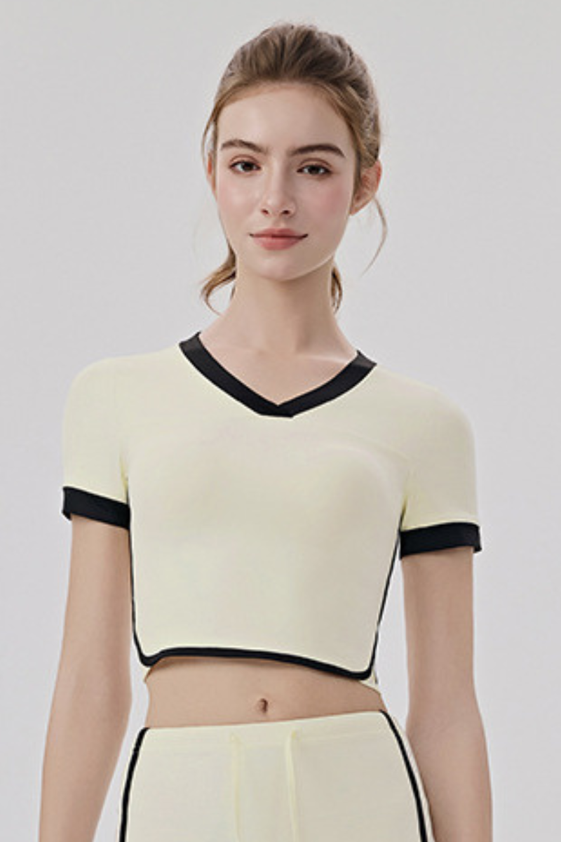 Women Slim Color Block V neck Cropped Yoga Athletic Tee