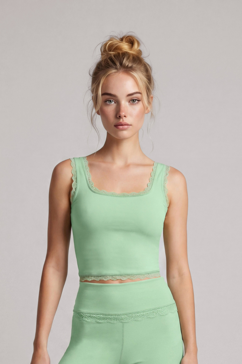 Women's Lace Trim Square Neck Cropped Sports Yoga Tank Top