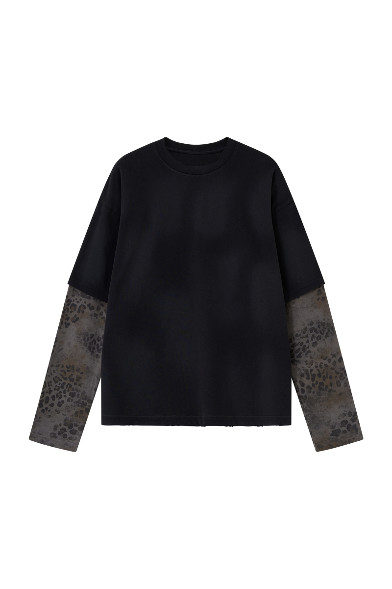 Women's Fall 100% Cotton Leopard Print Splicing Fake Two-Piece Long Sleeve Tee