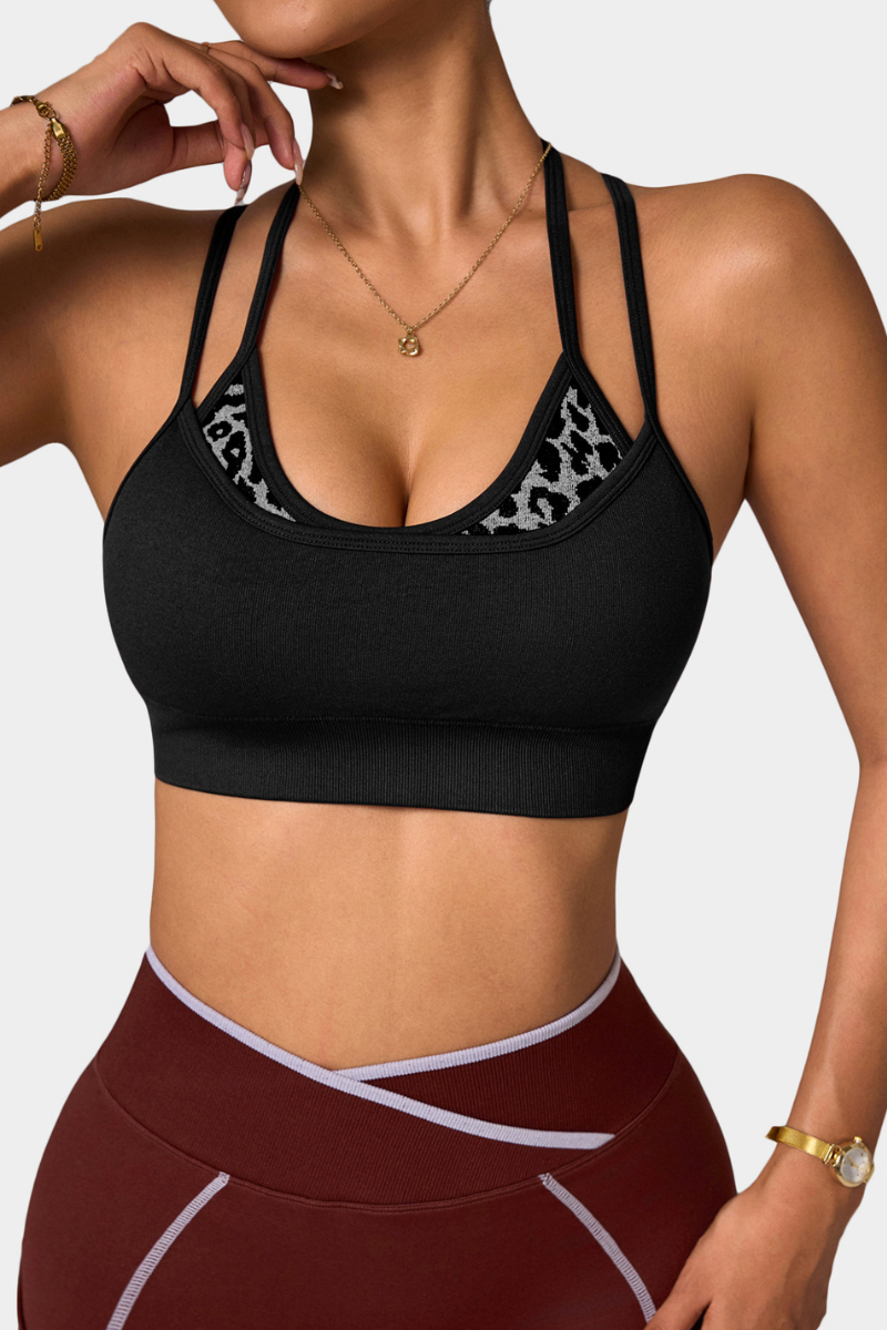 Women's Double Strap Leopard Splice Crisscross Back Sports Bra