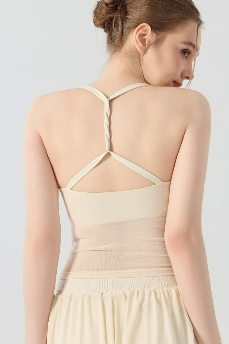 Women's Halter Mesh Ruched Waist Padded Yoga Tank Top