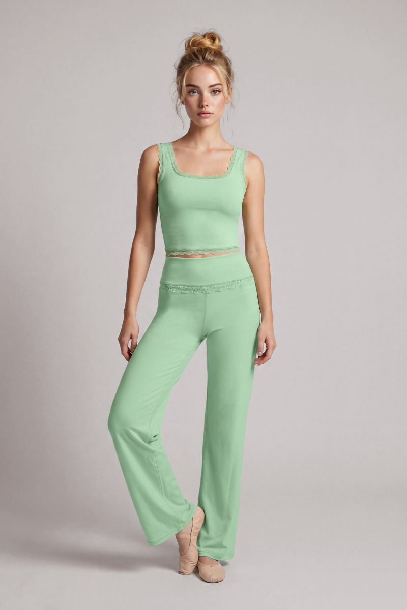 Women's Lace Trim Tank Top And Wide Leg Pants Workout Set