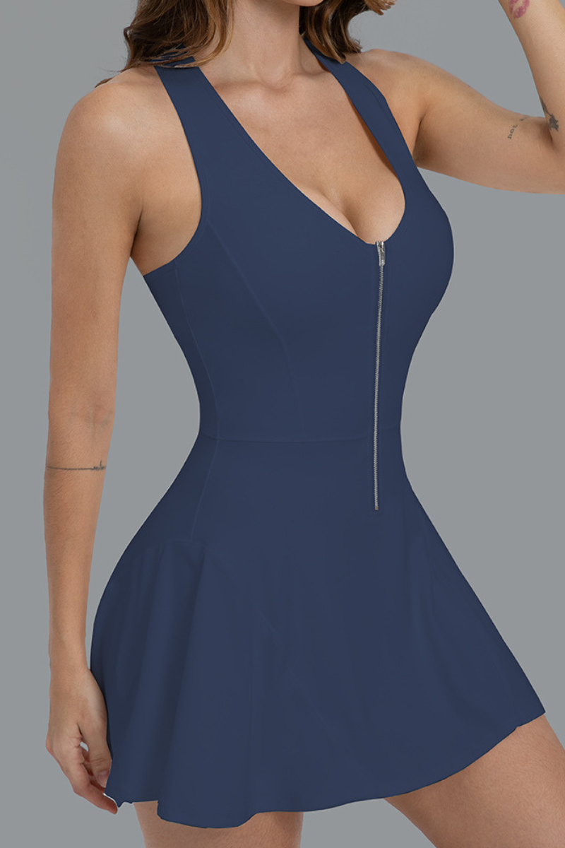 Women's Half Zip Halter Racerback Dress with Built-in Shorts