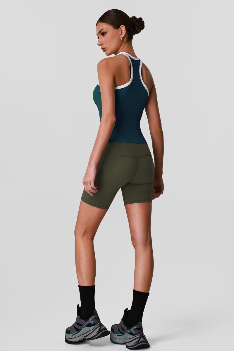 Women's Color-Block Racerback Workout Tank Top And Short Set
