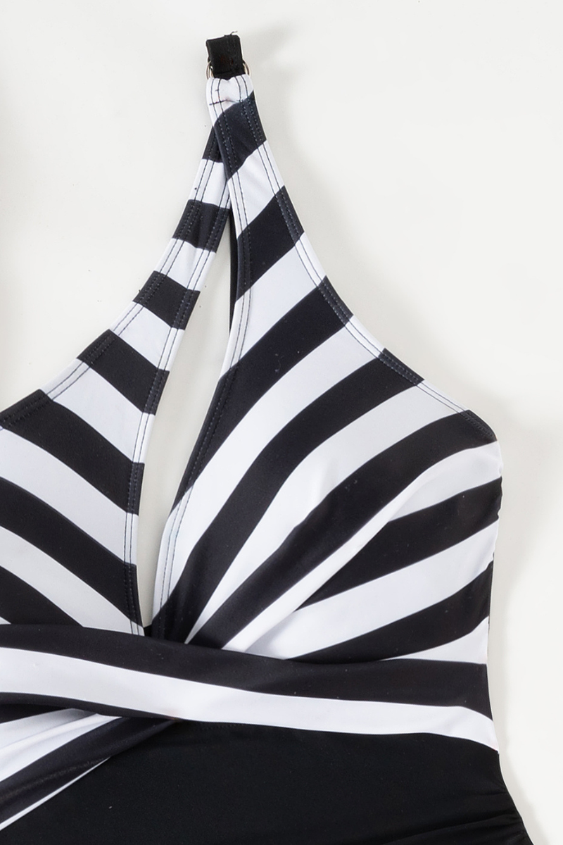 Women Striped Asymmetric One-Shoulder Cutout Ruched Swimsuit