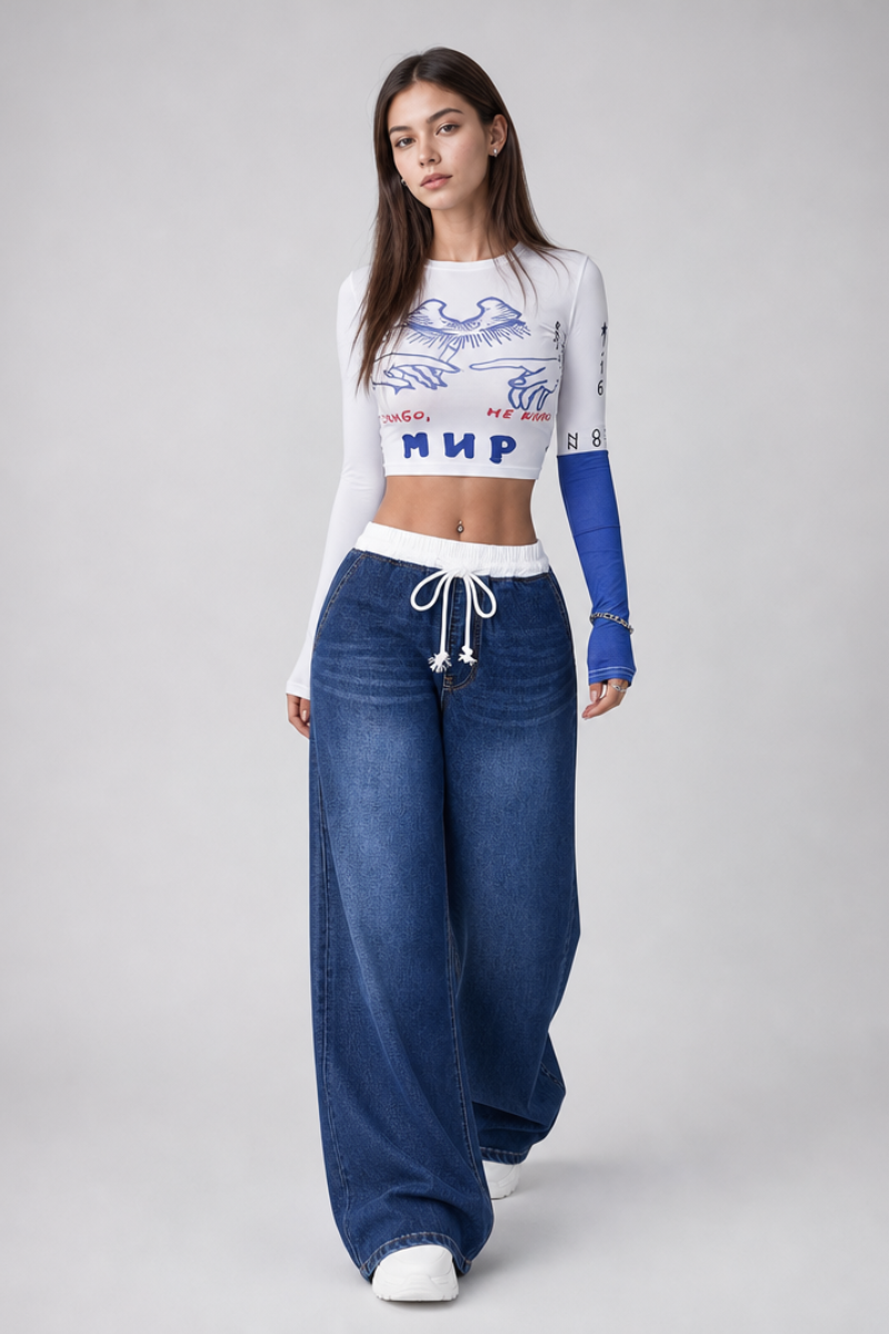 Women's Drawstring Waist Wide Leg Jeans