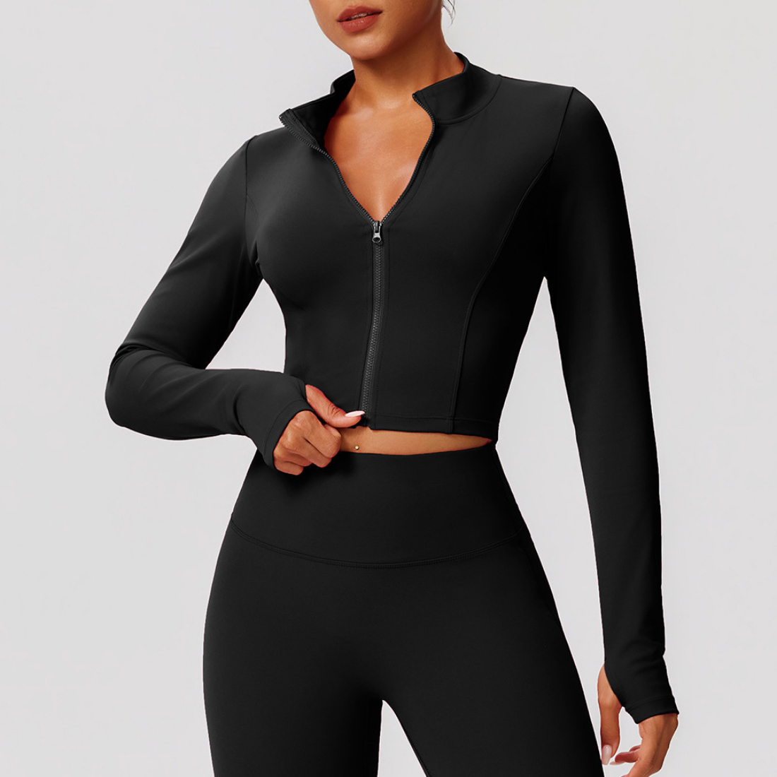 Women's Mock Neck Zipper Cropped Finger Cuffs Sports Jacket