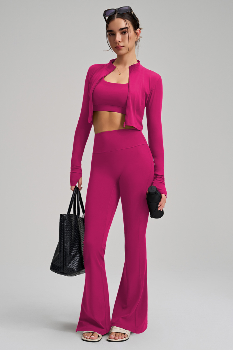 Women Sculpt Jacket Thin-Strap Bra Flared Pants 3-Piece
