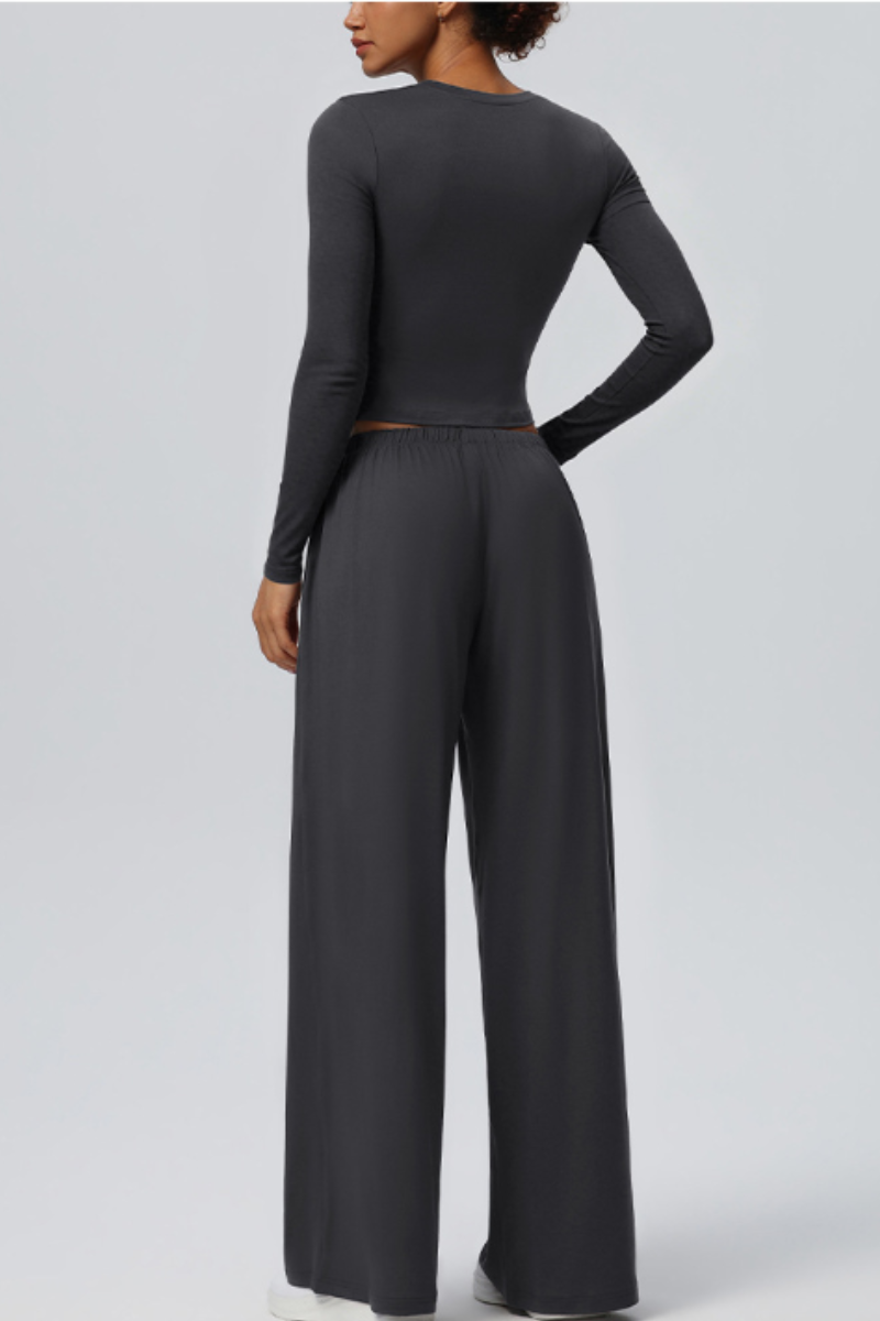 Women's Crew Neck Cropped Top and Casual Pants 2 Piece Set