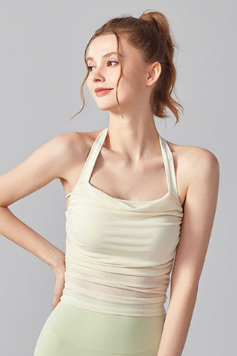 Women's HalterTie-Back Ruched Waist Mesh Padded Yoga Tank Top