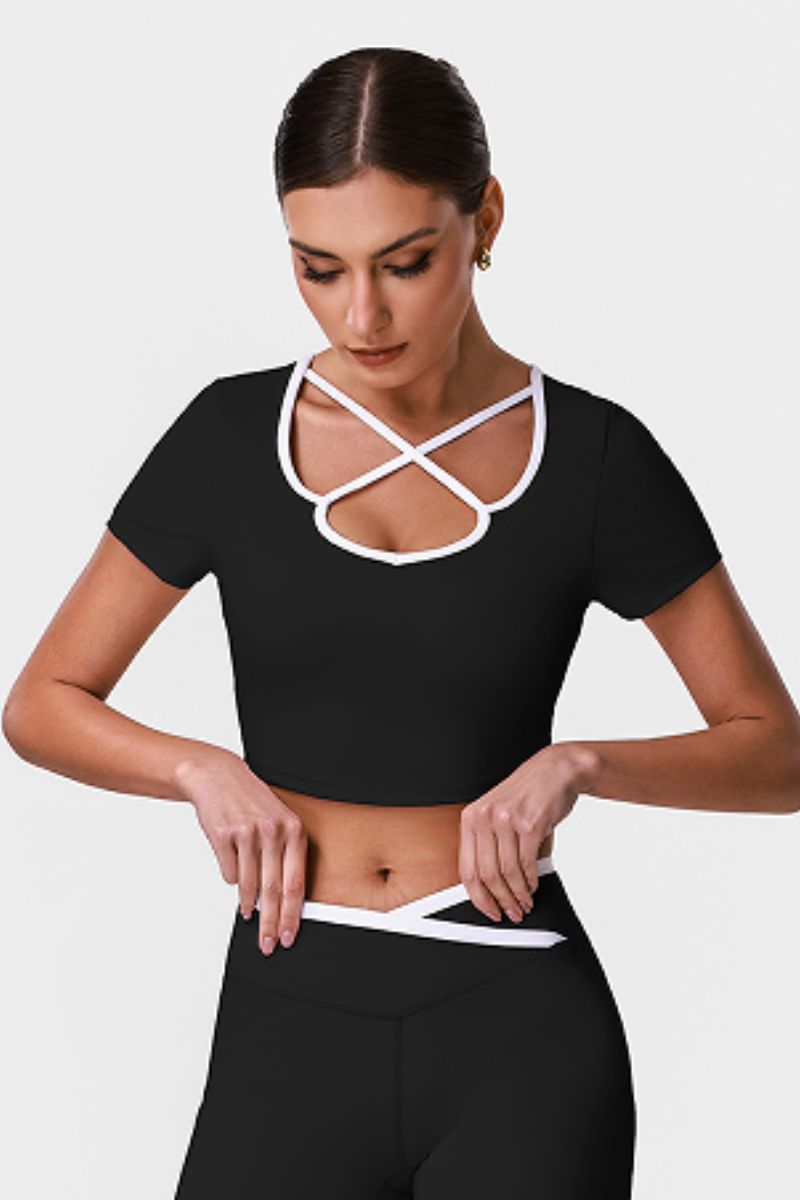 Women's Contrast Cross Cutout Neckline Cropped Workout Tee