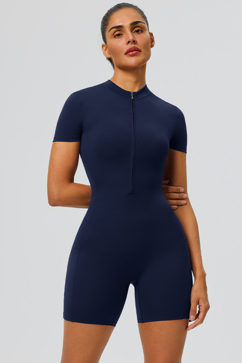 Women's Half Zip Side Pocket Short Sleeve Sport Jumpsuit