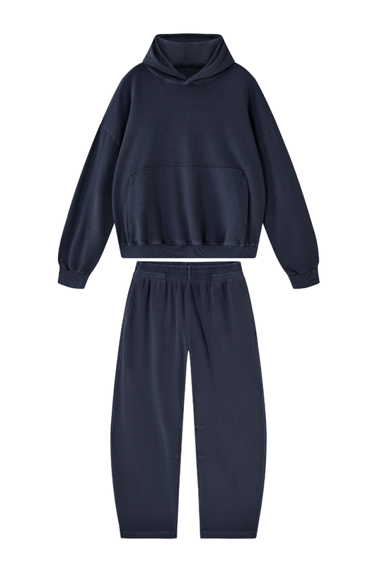 Unisex 100% Cotton Fall Washed Hoodie & Curved Sweatpant Set