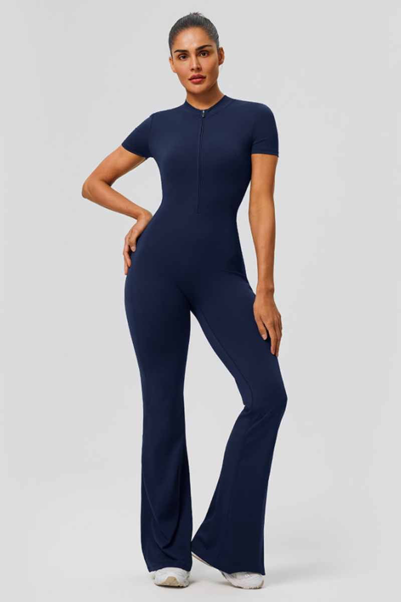 Women's Athletic Short Sleeve Half Zipper Flare Jumpsuit
