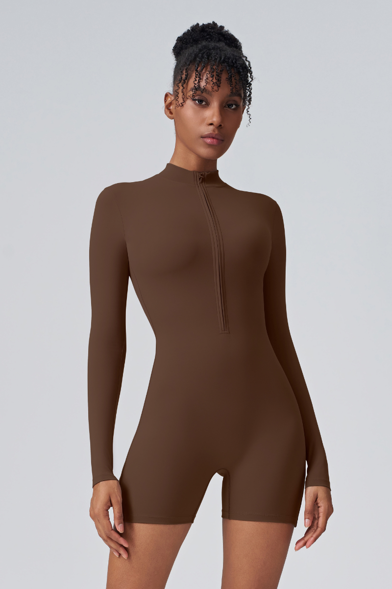 Women's Mock Neck Zip Sculpting Long Sleeve Shorts Jumpsuit