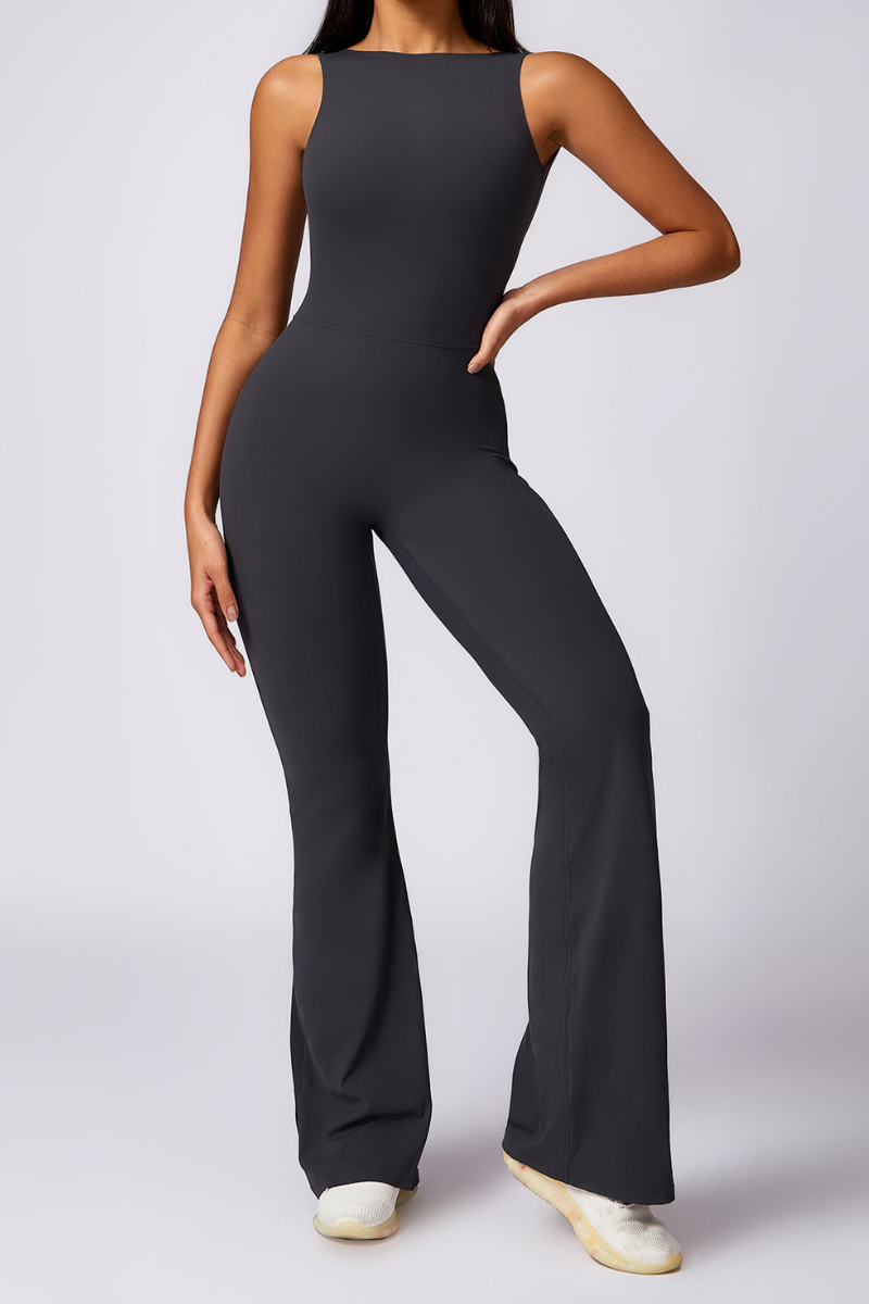 Women Pleated Buttocks Lift Padded Flared Leg Yoga Jumpsuit