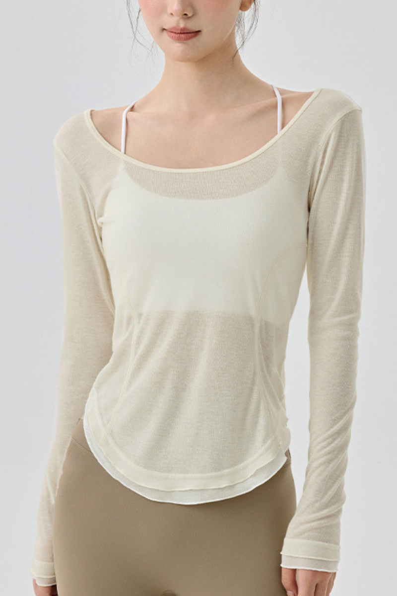 Women Spring Color-Block Dip Hem Breathable Long Sleeve Top