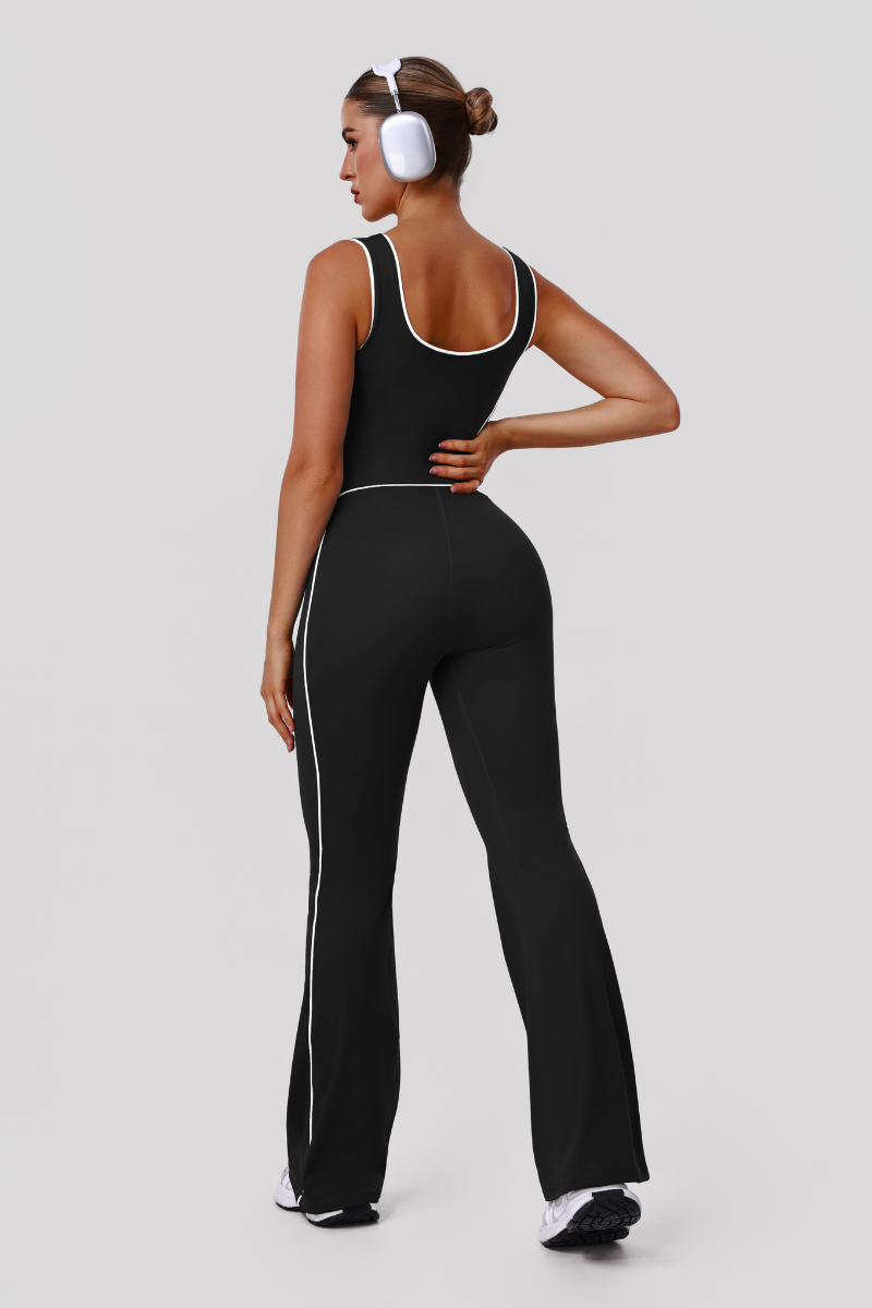 Women's Athletic Color Block U-Neck Flared Pants Jumpsuit